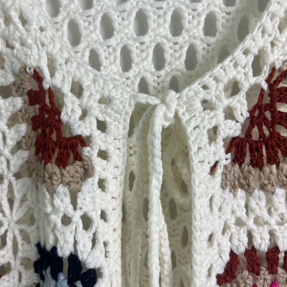 Debut Large Cream Crochet Knit Colorful Patchwork Open Sweater Bohemian Prairie - Picture 5 of 10